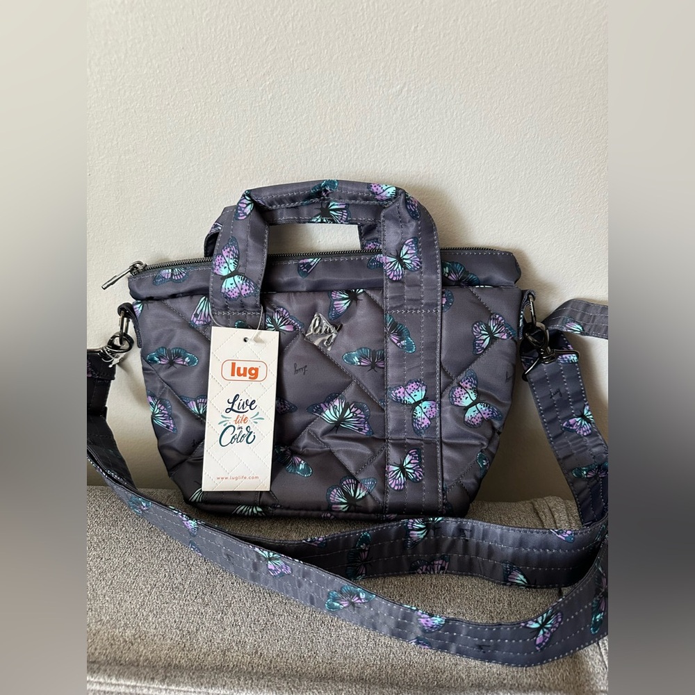 Lug Gray Crossbody Bag with Teal & Purple Butterfly Print
